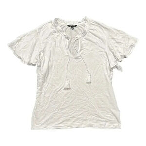 Lauren Ralph Lauren White Jersey Tie Neck Flutter Sleeve Top L